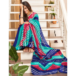 Blue Striped Printed Kota Doria Saree