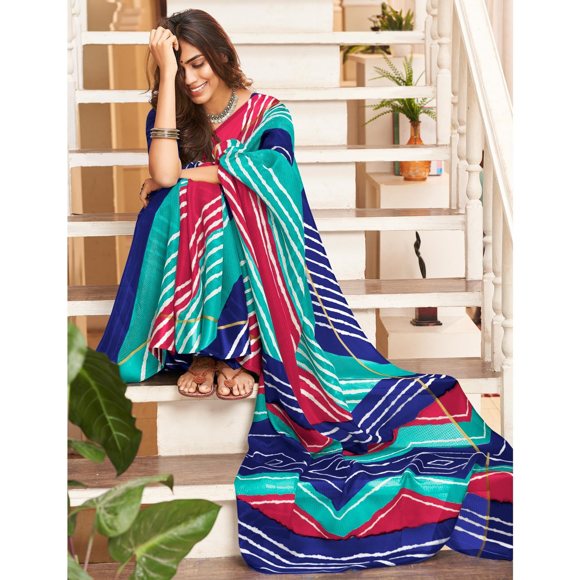 Blue Striped Printed Kota Doria Saree