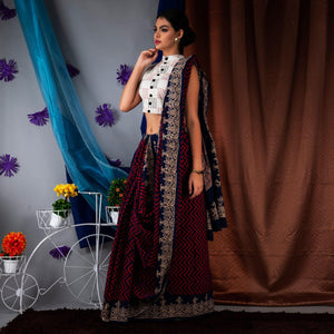 Blue Striped Printed Linen Saree