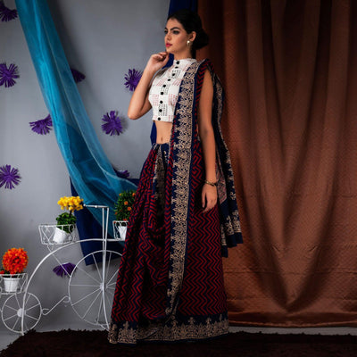 Blue Striped Printed Linen Saree