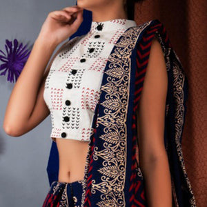 Blue Striped Printed Linen Saree