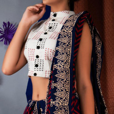 Blue Striped Printed Linen Saree