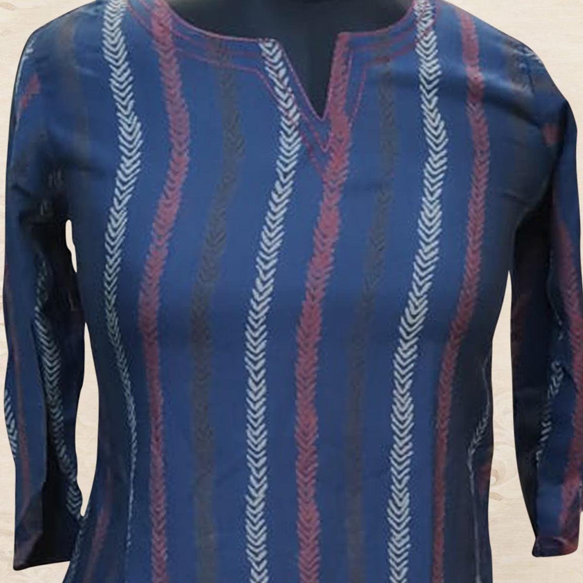 Blue Striped Printed Muslin Top