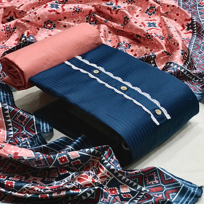 Blue Striped Printed Satin Dress Material