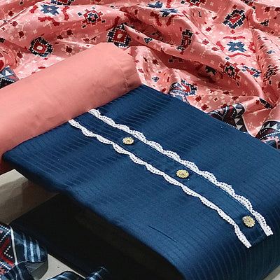 Blue Striped Printed Satin Dress Material