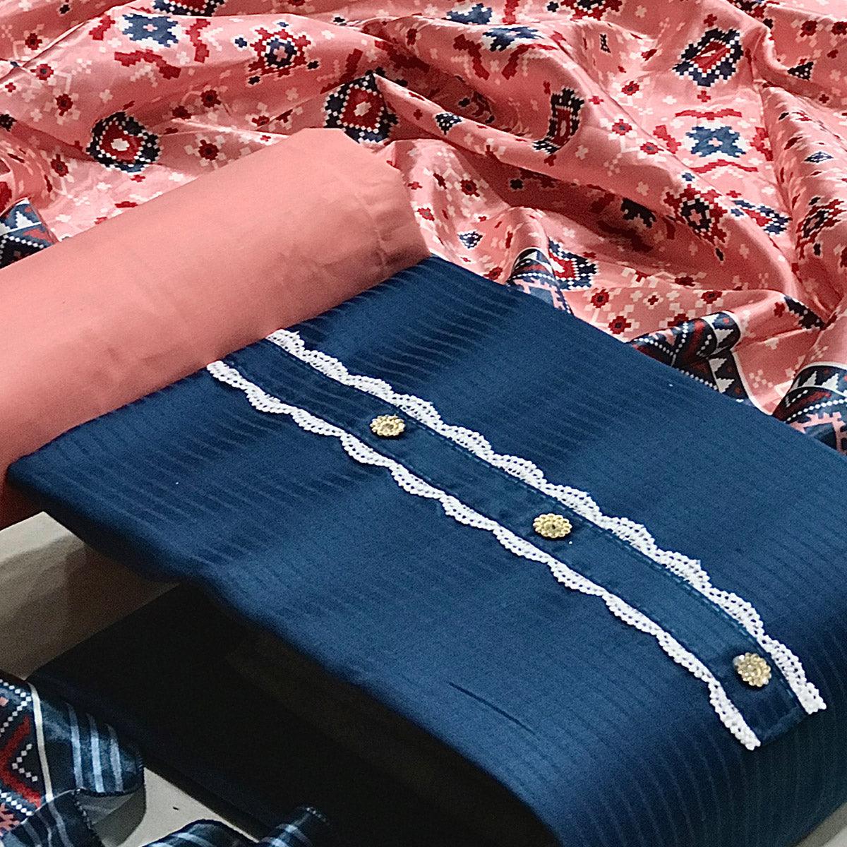 Blue Striped Printed Satin Dress Material