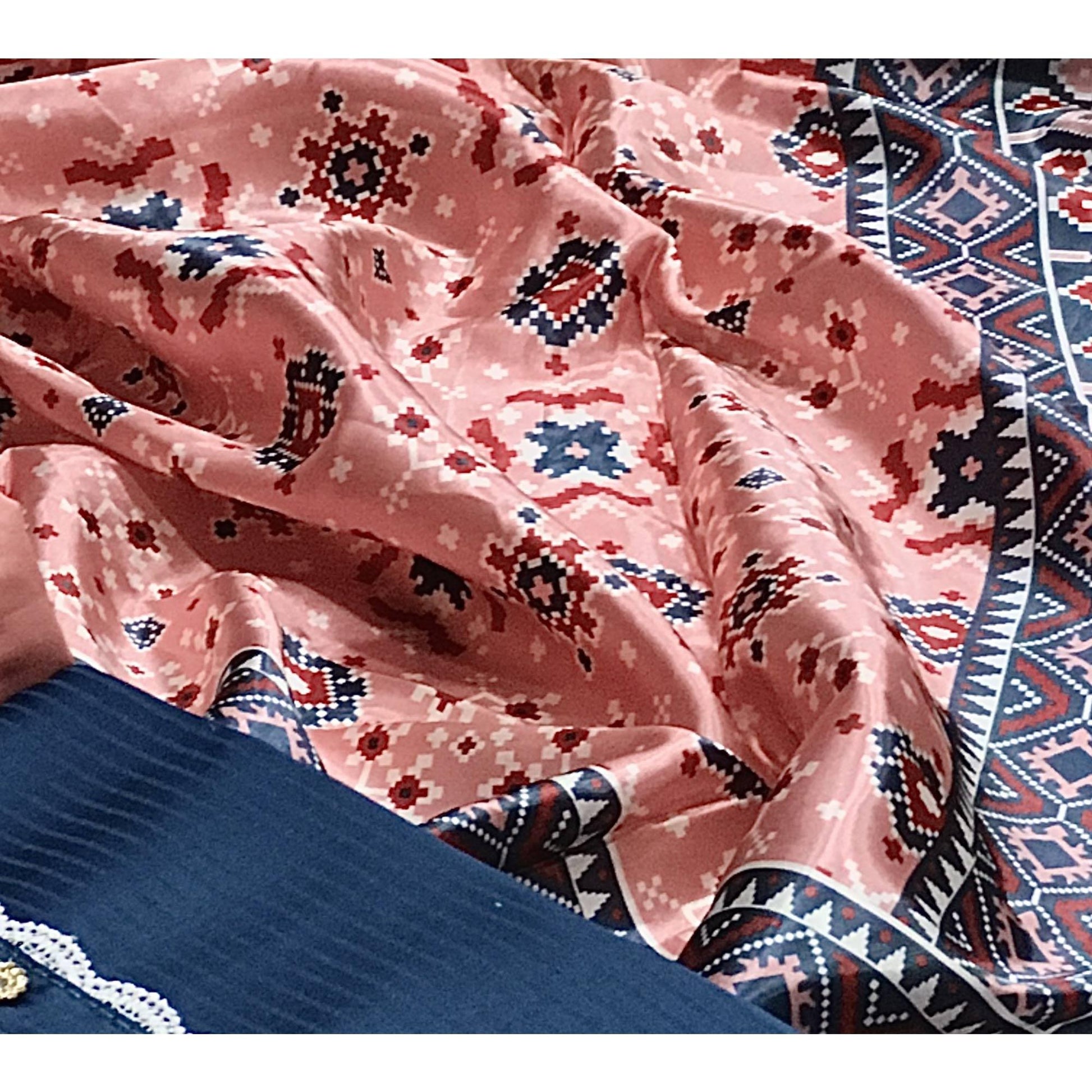 Blue Striped Printed Satin Dress Material