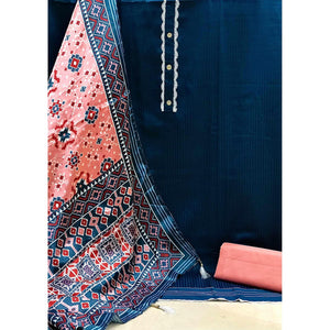 Blue Striped Printed Satin Dress Material