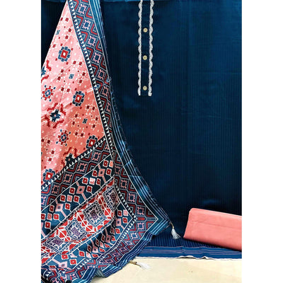 Blue Striped Printed Satin Dress Material