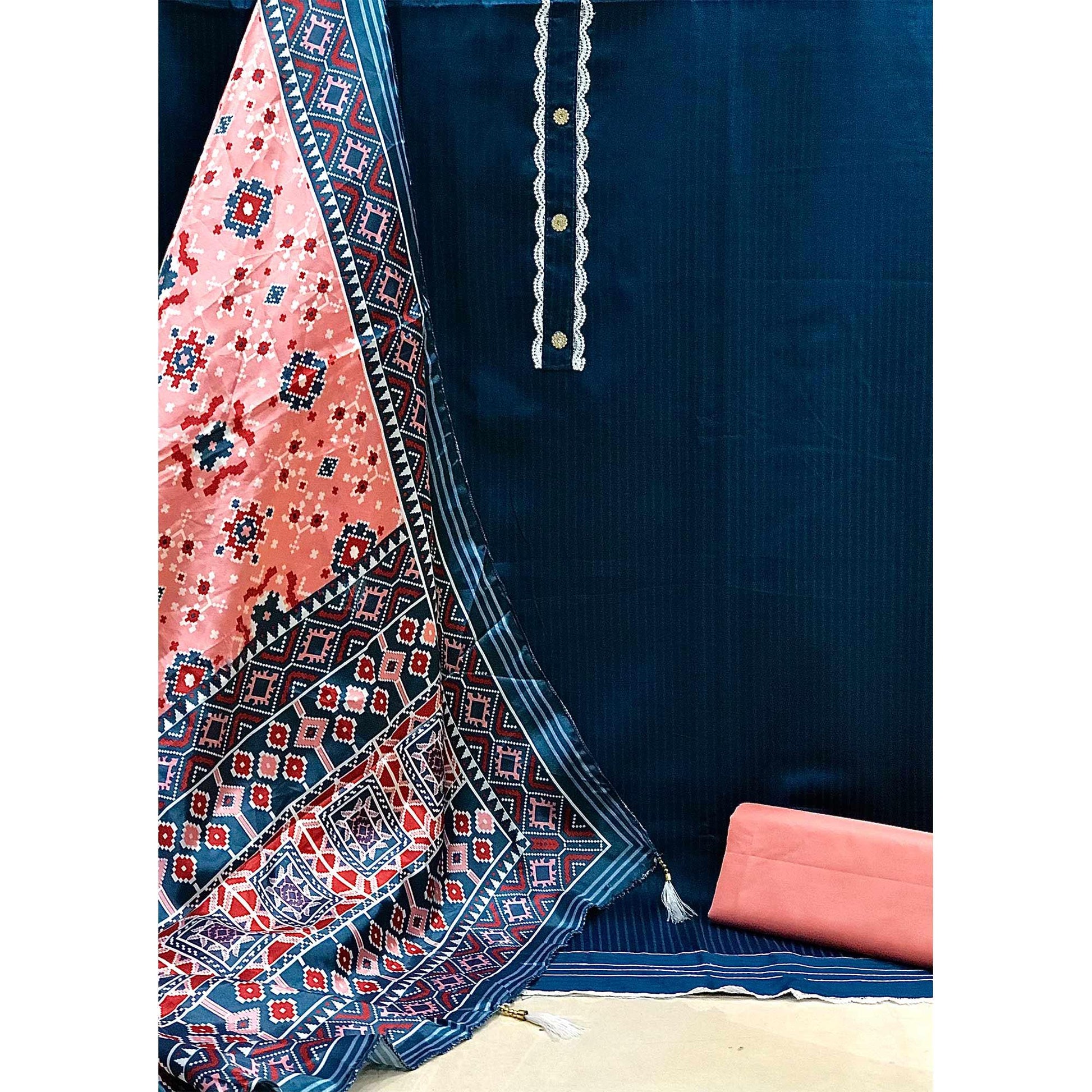 Blue Striped Printed Satin Dress Material