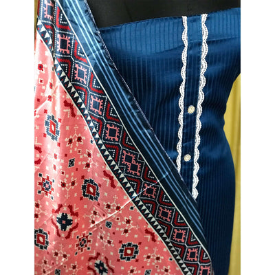 Blue Striped Printed Satin Dress Material