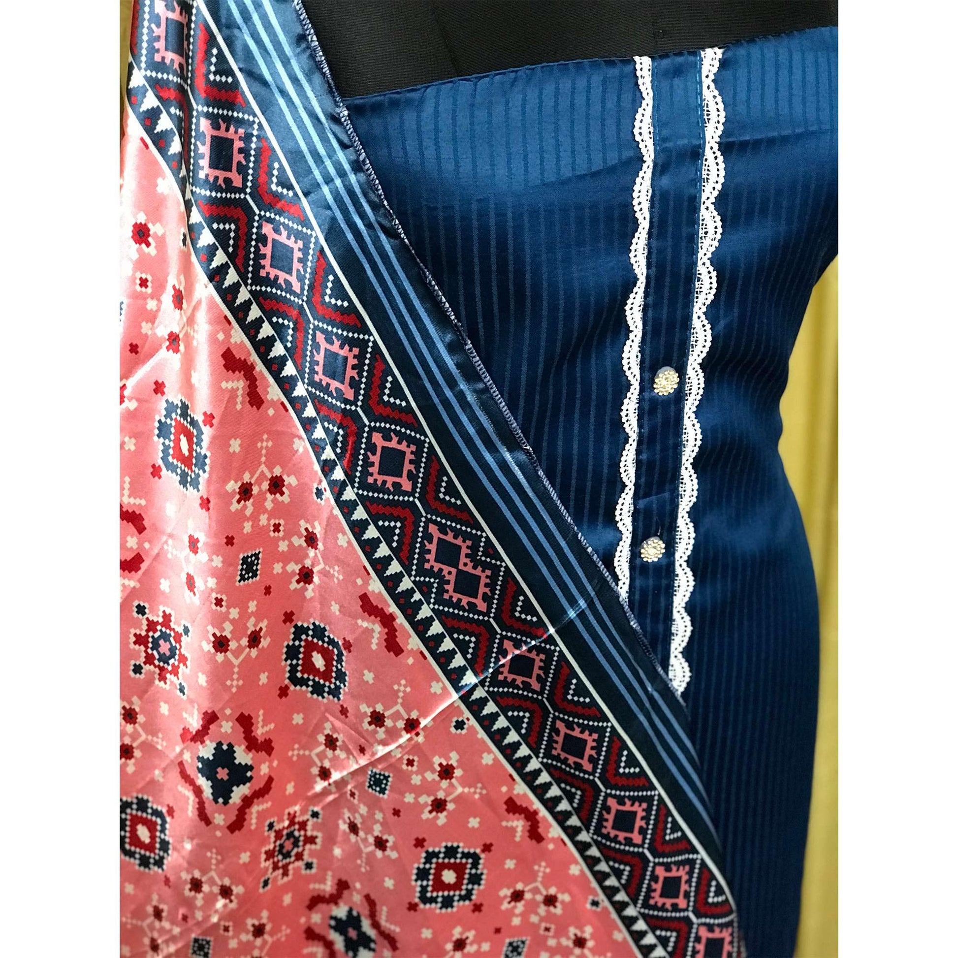 Blue Striped Printed Satin Dress Material