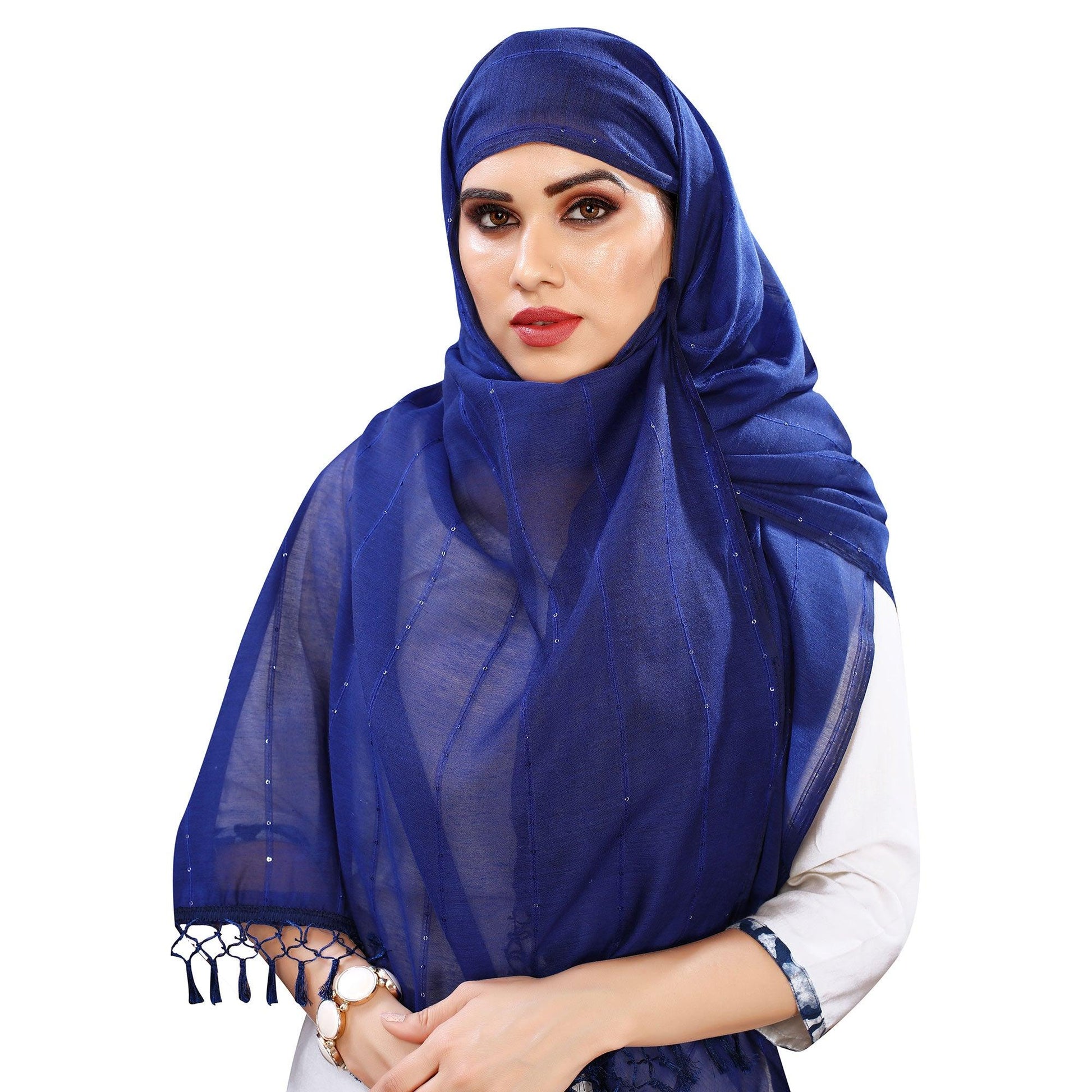 Blue Stripes Woven Sequins Festive Wear Cotton Silk Dupatta