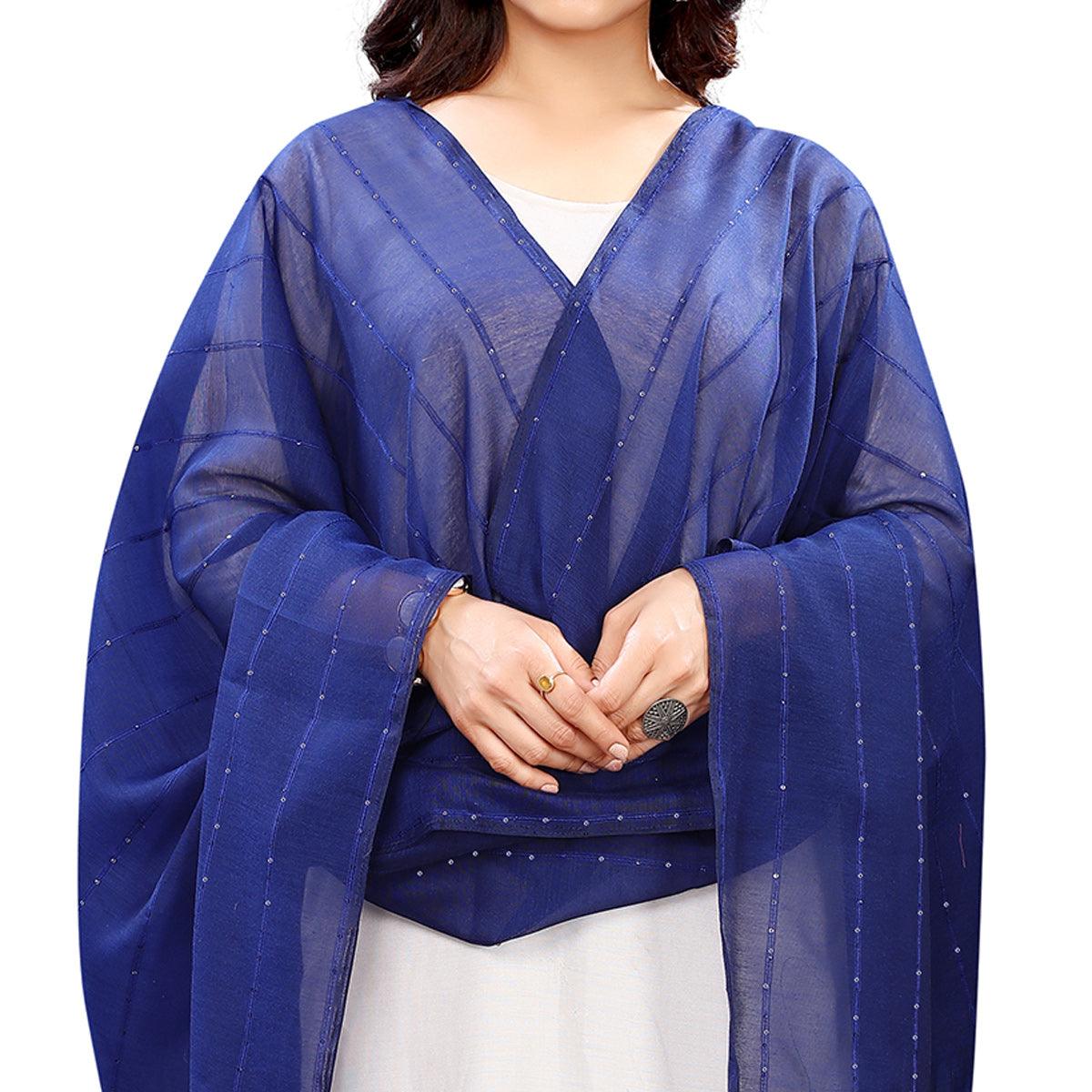 Blue Stripes Woven Sequins Festive Wear Cotton Silk Dupatta