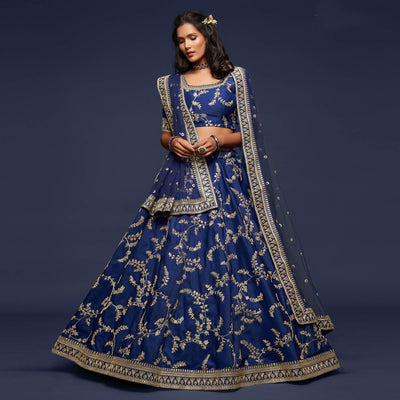 Blue Wedding Floral Sequins Embroidered Art Silk Lehenga Choli