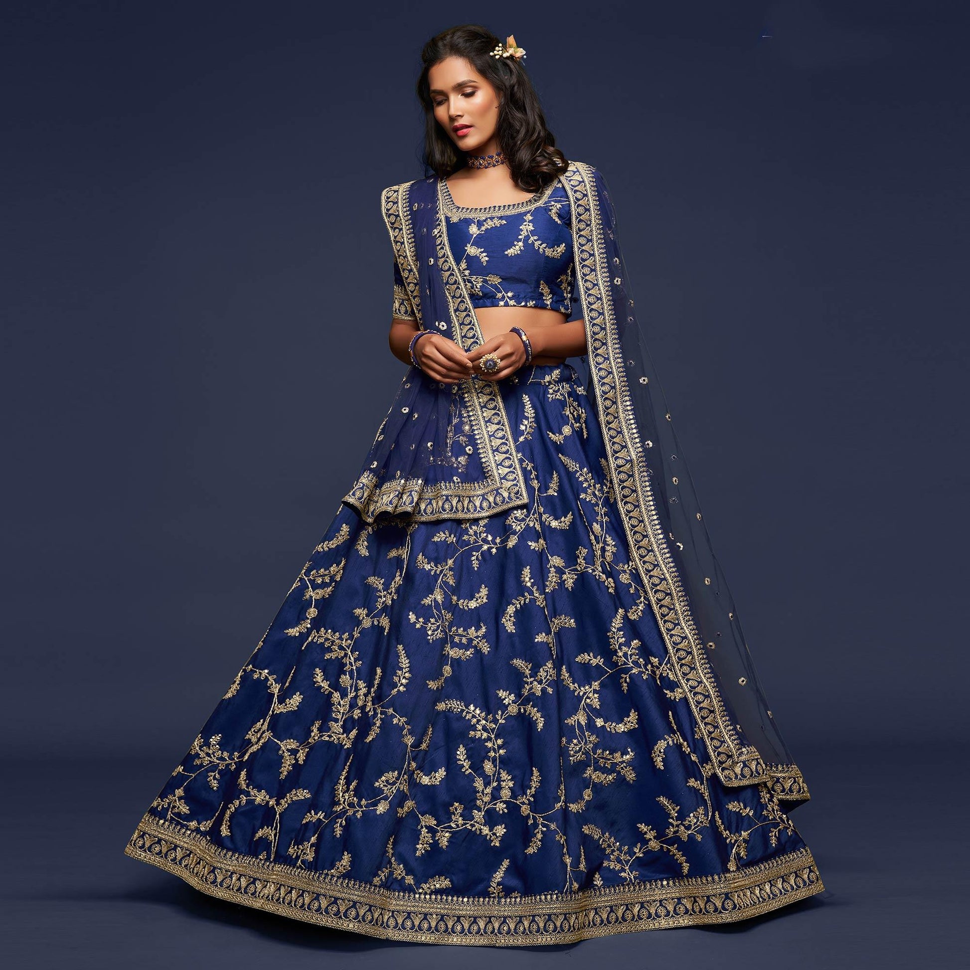 Blue Wedding Floral Sequins Embroidered Art Silk Lehenga Choli