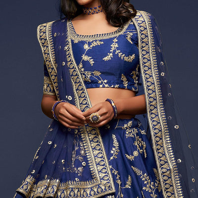 Blue Wedding Floral Sequins Embroidered Art Silk Lehenga Choli