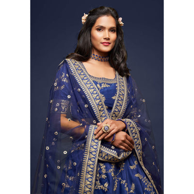 Blue Wedding Floral Sequins Embroidered Art Silk Lehenga Choli