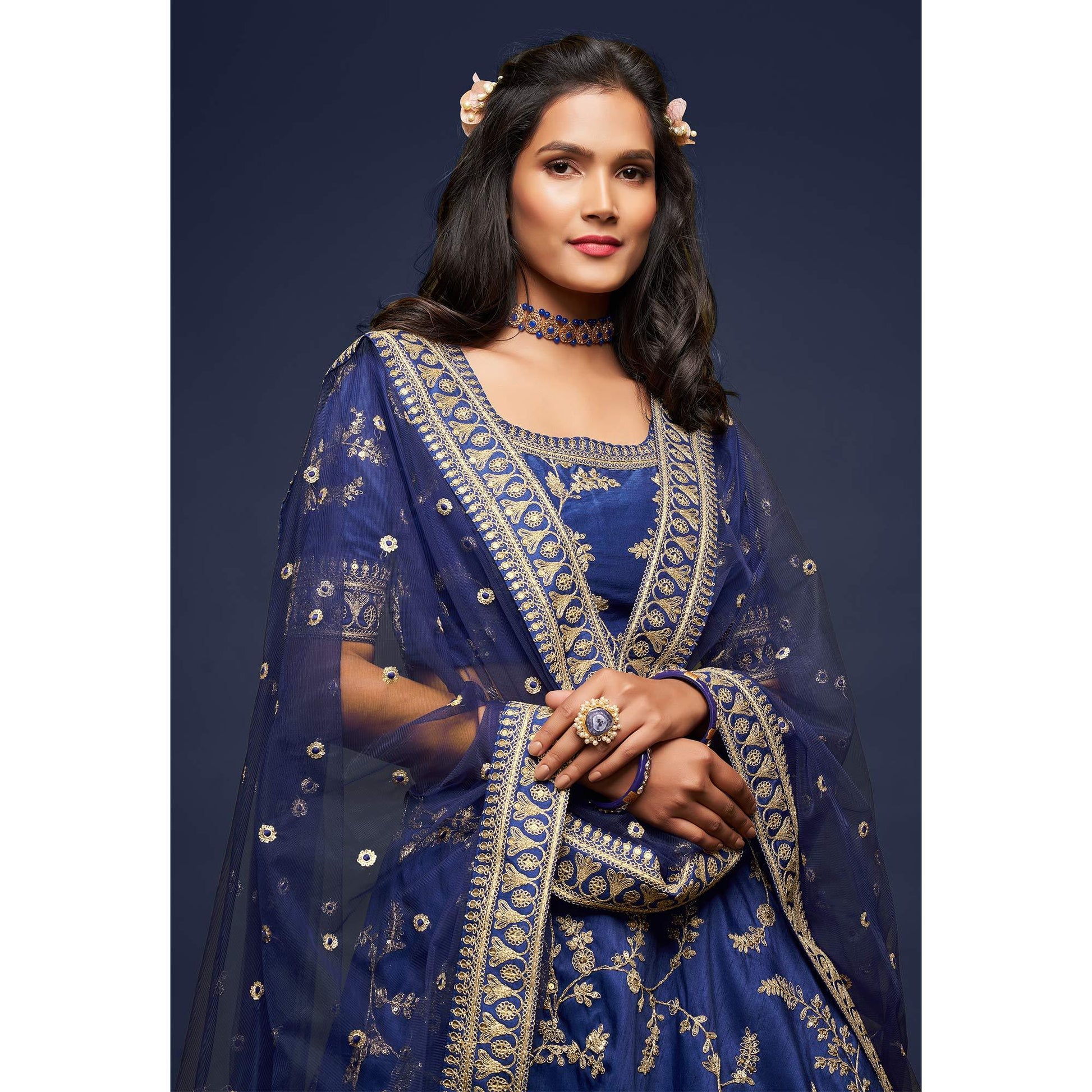 Blue Wedding Floral Sequins Embroidered Art Silk Lehenga Choli