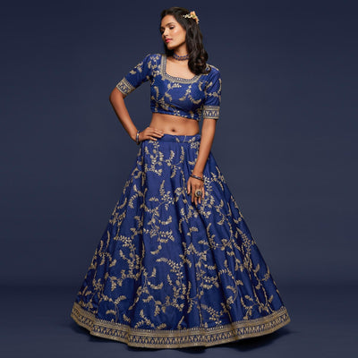 Blue Wedding Floral Sequins Embroidered Art Silk Lehenga Choli