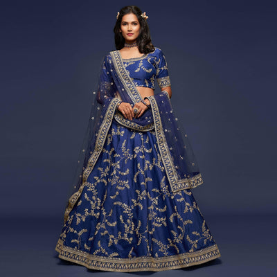 Blue Wedding Floral Sequins Embroidered Art Silk Lehenga Choli