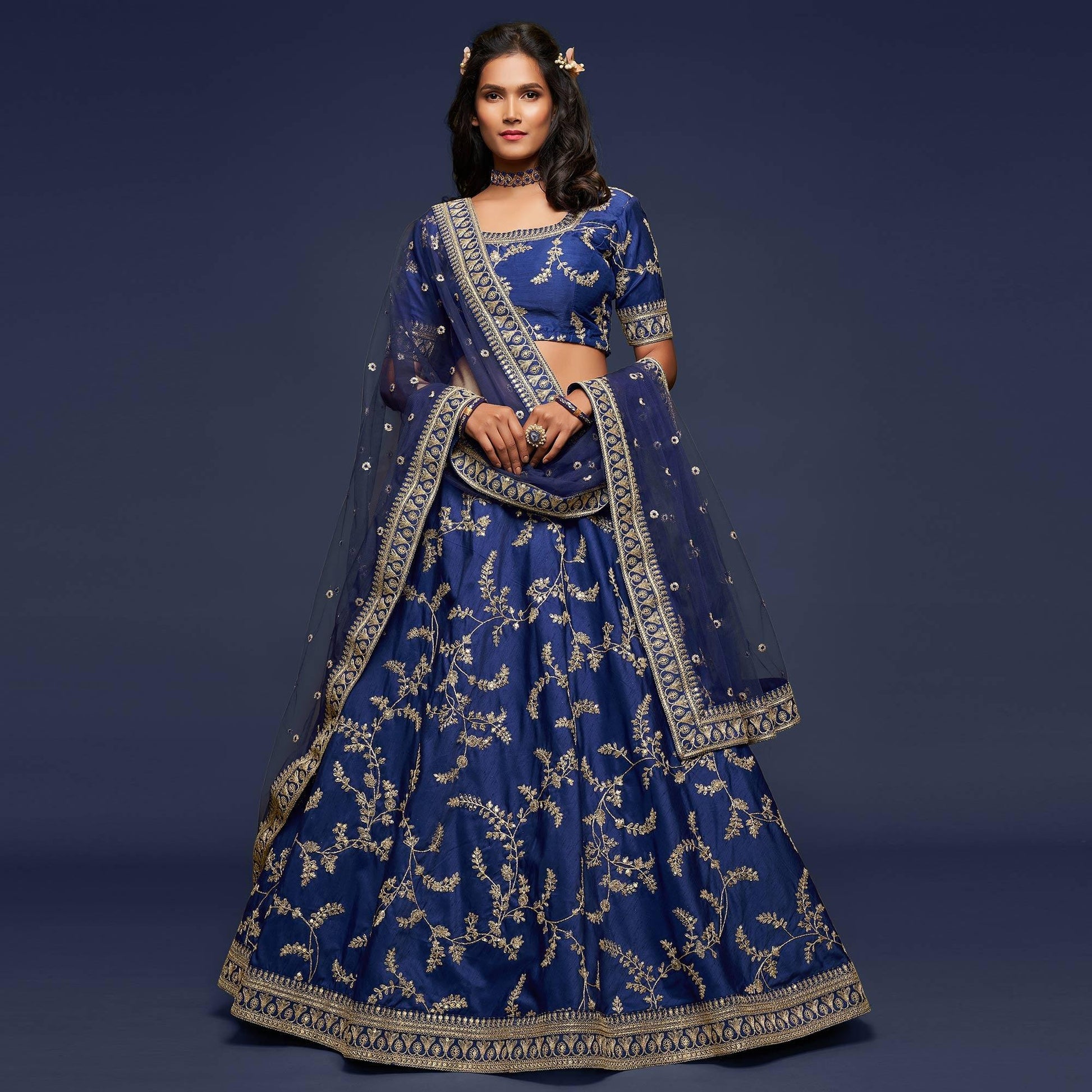Blue Wedding Floral Sequins Embroidered Art Silk Lehenga Choli