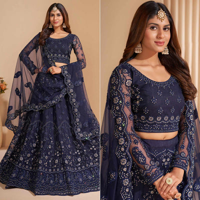 Blue Wedding Wear Embroidered With Embellished Net Lehenga Choli