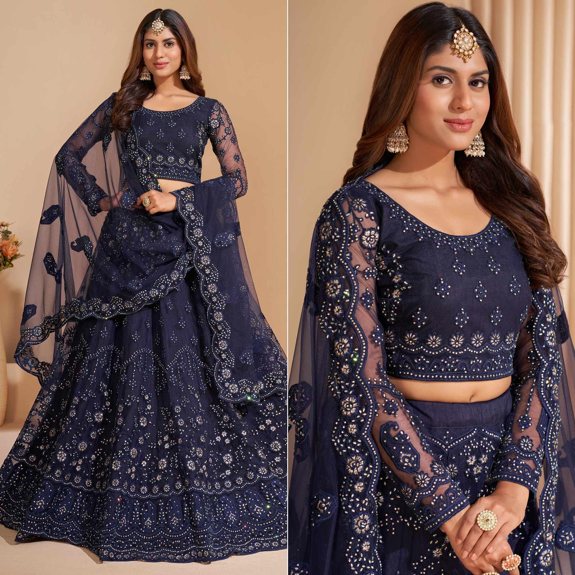 Blue Wedding Wear Embroidered With Embellished Net Lehenga Choli
