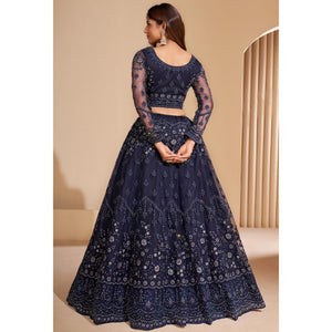 Blue Wedding Wear Embroidered With Embellished Net Lehenga Choli