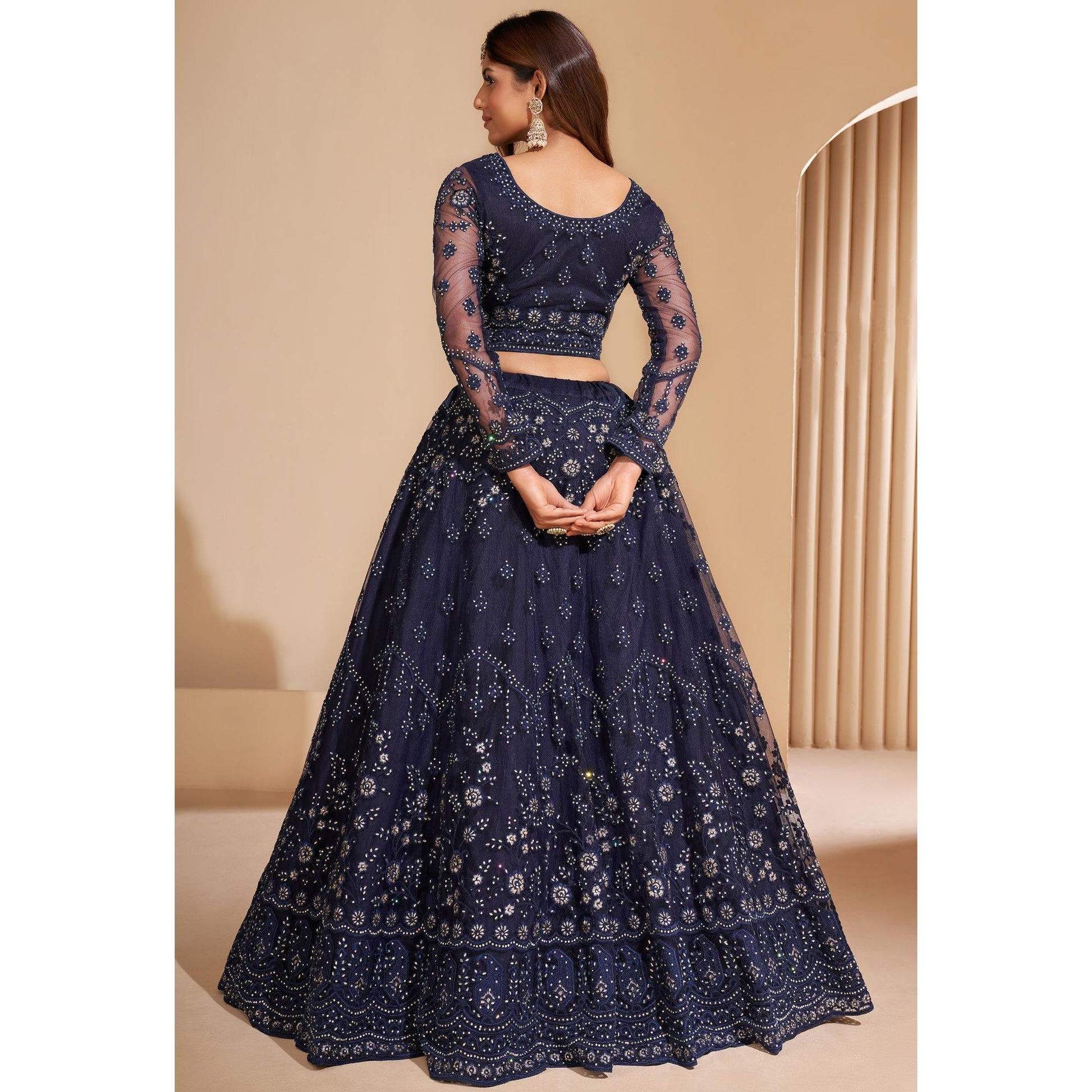 Blue Wedding Wear Embroidered With Embellished Net Lehenga Choli