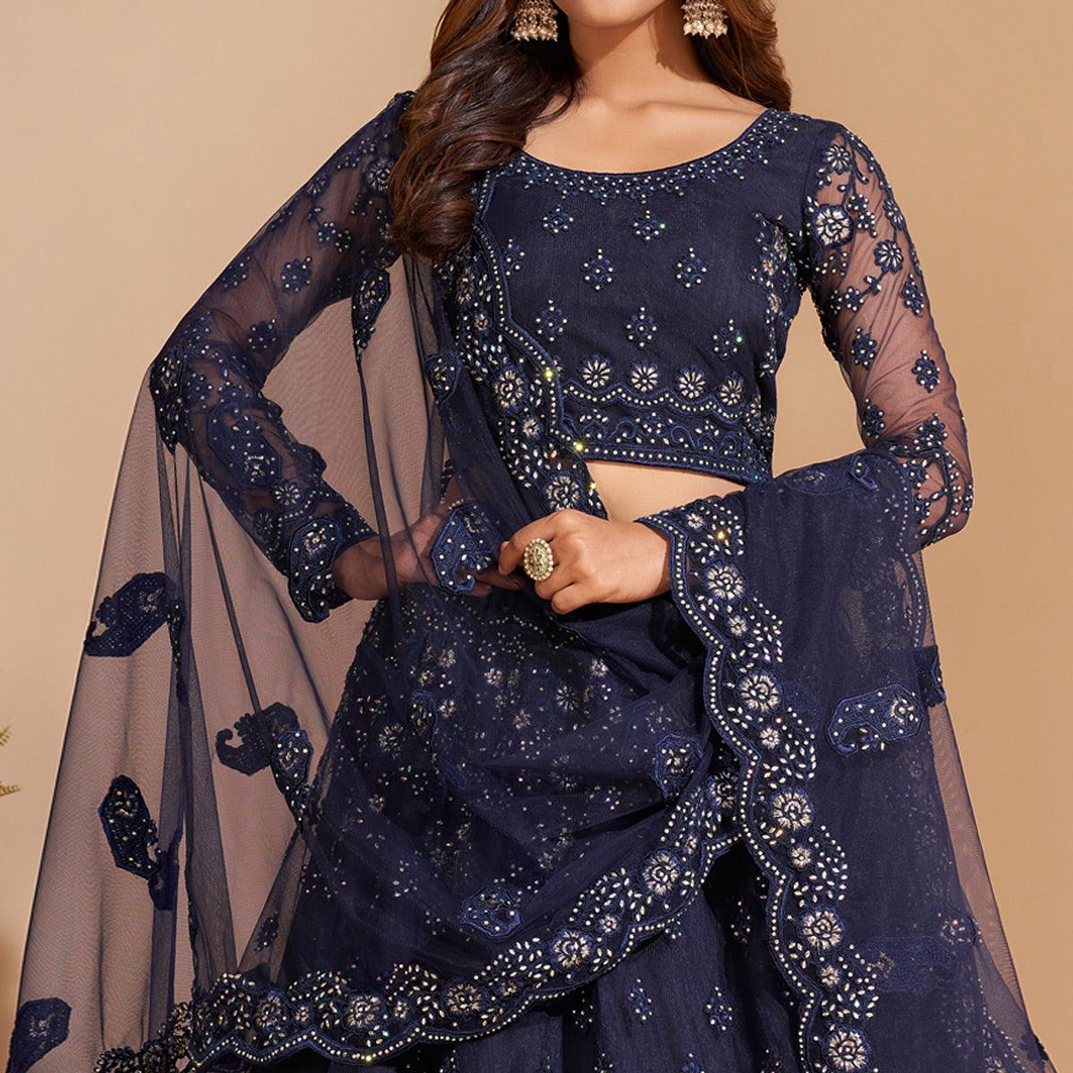 Blue Wedding Wear Embroidered With Embellished Net Lehenga Choli