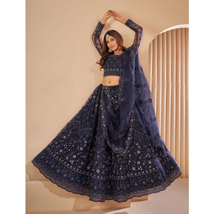 Blue Wedding Wear Embroidered With Embellished Net Lehenga Choli