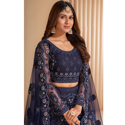Blue Wedding Wear Embroidered With Embellished Net Lehenga Choli