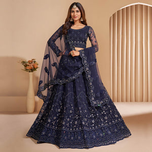 Blue Wedding Wear Embroidered With Embellished Net Lehenga Choli