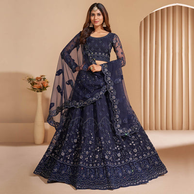 Blue Wedding Wear Embroidered With Embellished Net Lehenga Choli