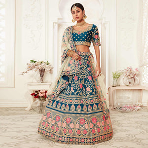 Blue Wedding Wear Floral Sequins Embroidered Slub Silk Lehenga Choli
