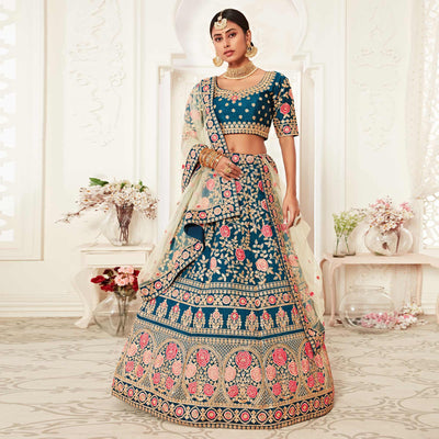 Blue Wedding Wear Floral Sequins Embroidered Slub Silk Lehenga Choli