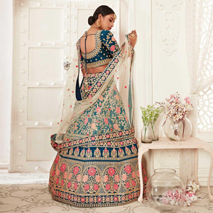 Blue Wedding Wear Floral Sequins Embroidered Slub Silk Lehenga Choli