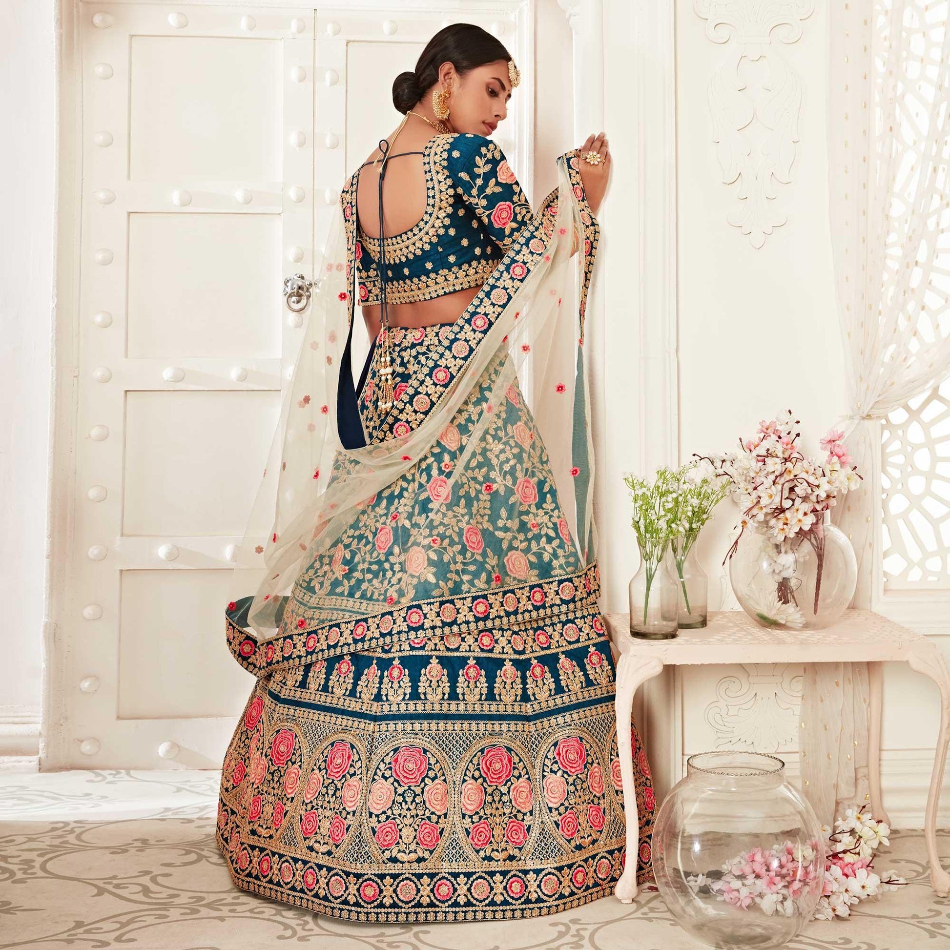 Blue Wedding Wear Floral Sequins Embroidered Slub Silk Lehenga Choli