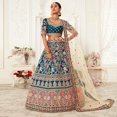 Blue Wedding Wear Floral Sequins Embroidered Slub Silk Lehenga Choli