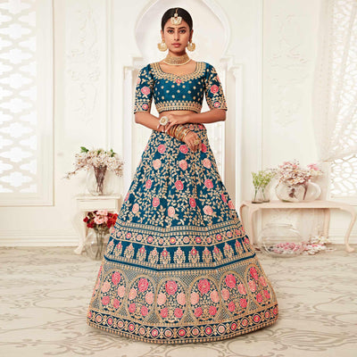 Blue Wedding Wear Floral Sequins Embroidered Slub Silk Lehenga Choli