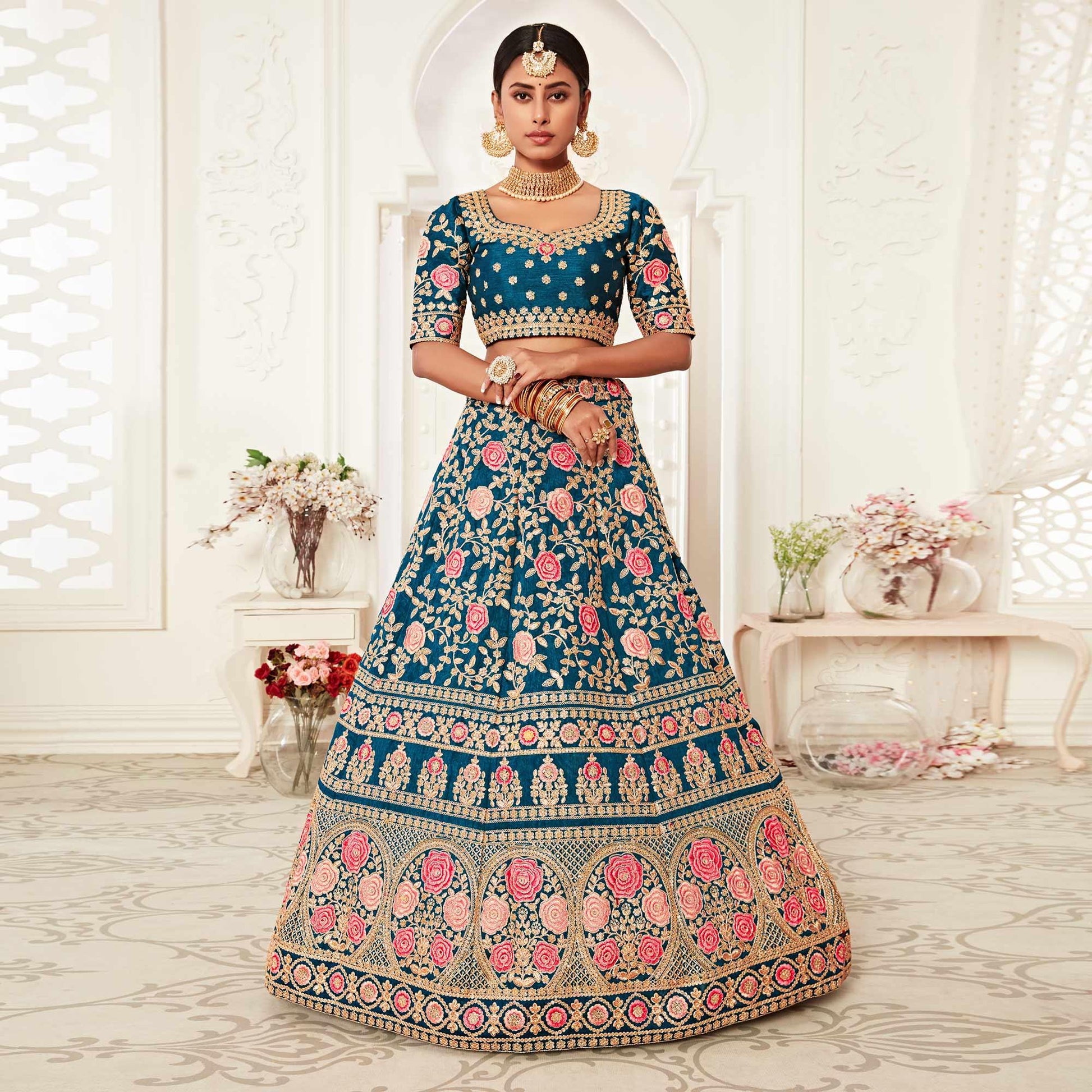 Blue Wedding Wear Floral Sequins Embroidered Slub Silk Lehenga Choli