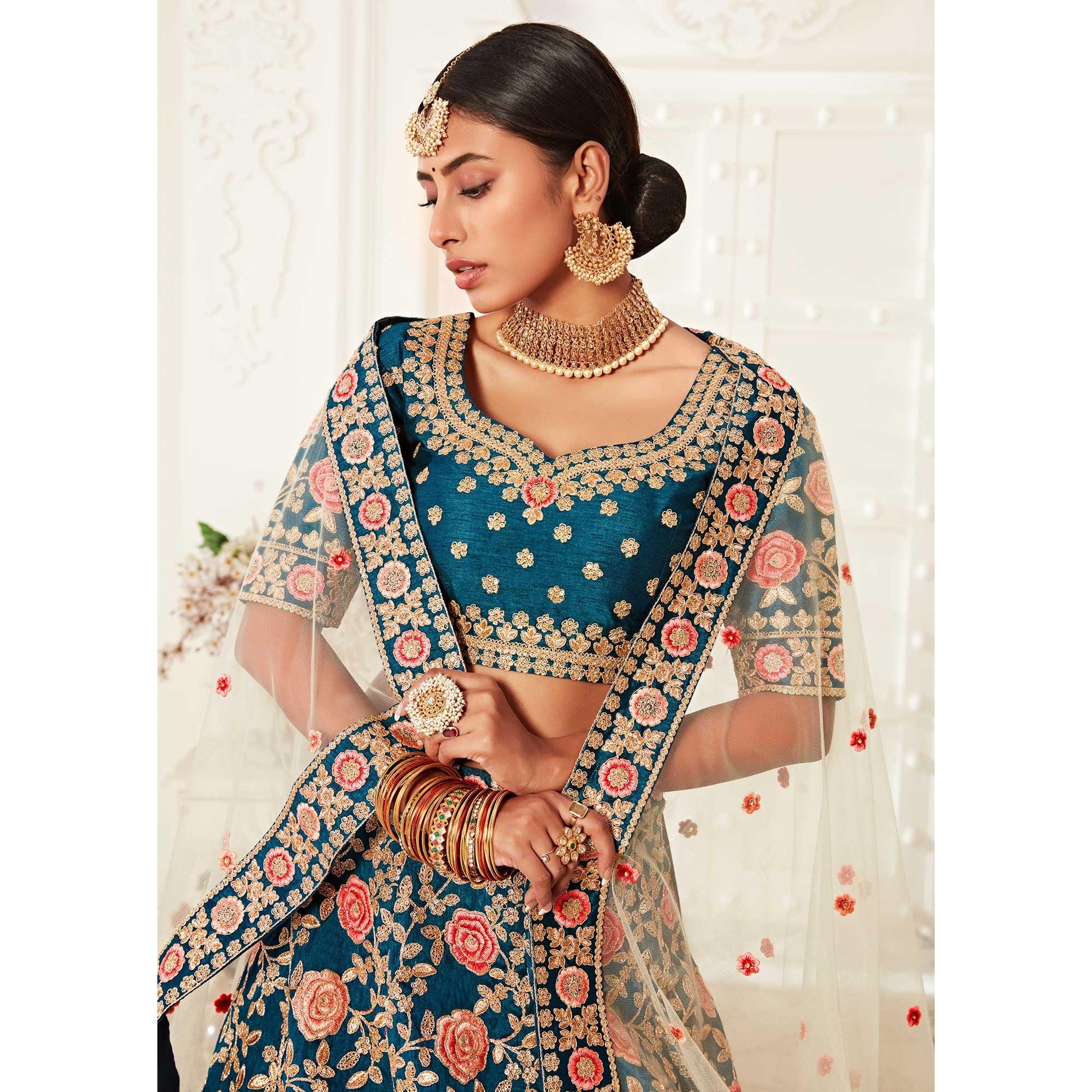 Blue Wedding Wear Floral Sequins Embroidered Slub Silk Lehenga Choli