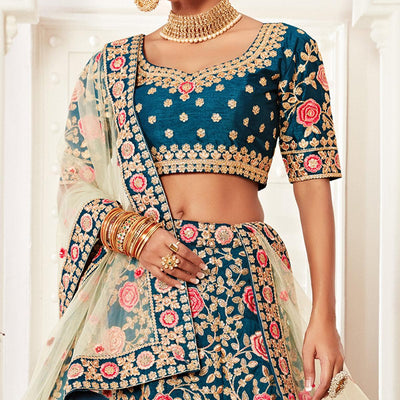 Blue Wedding Wear Floral Sequins Embroidered Slub Silk Lehenga Choli