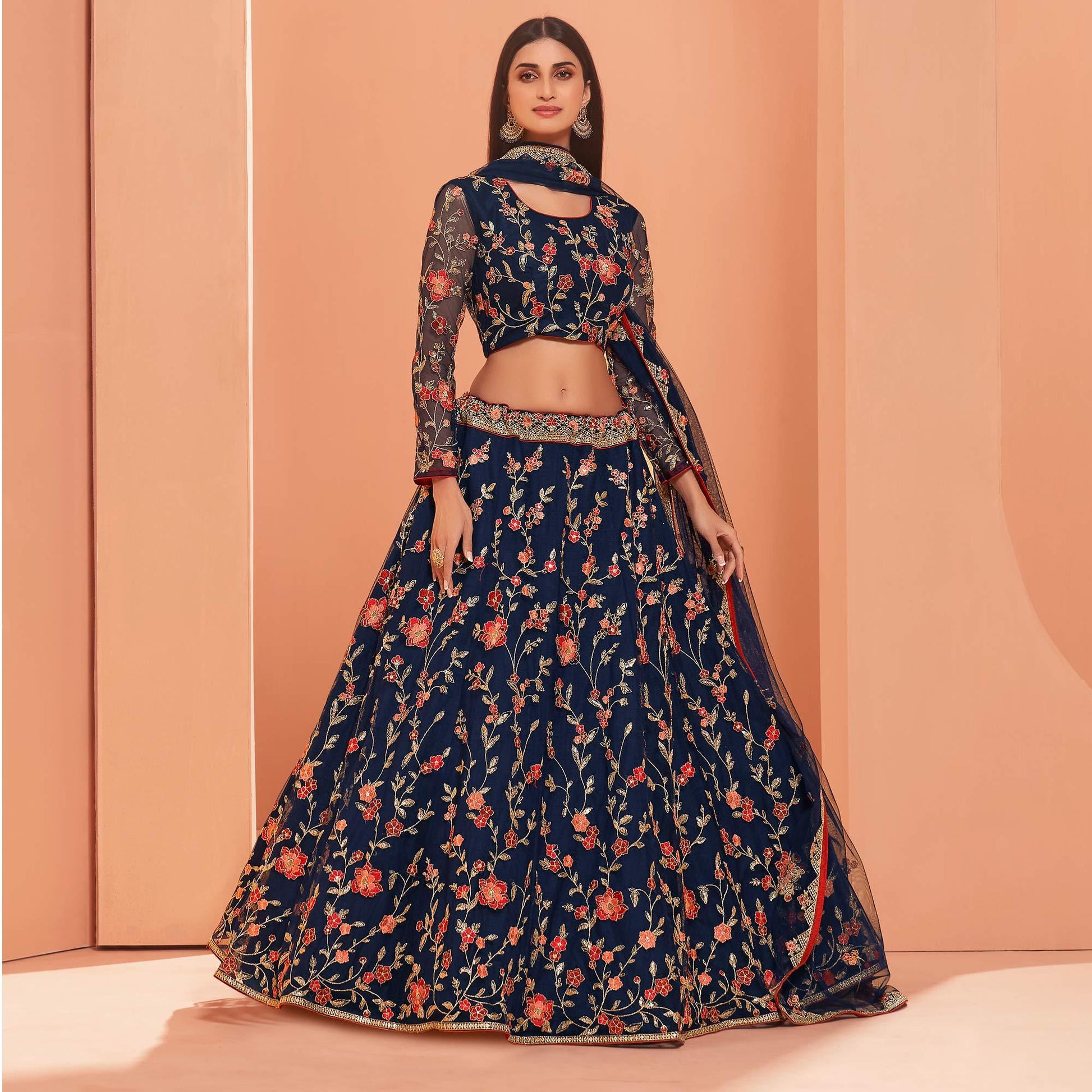 Blue Wedding Wear Floral Zari & Sequins Embroiederd Banglori Silk Lehenga Choli