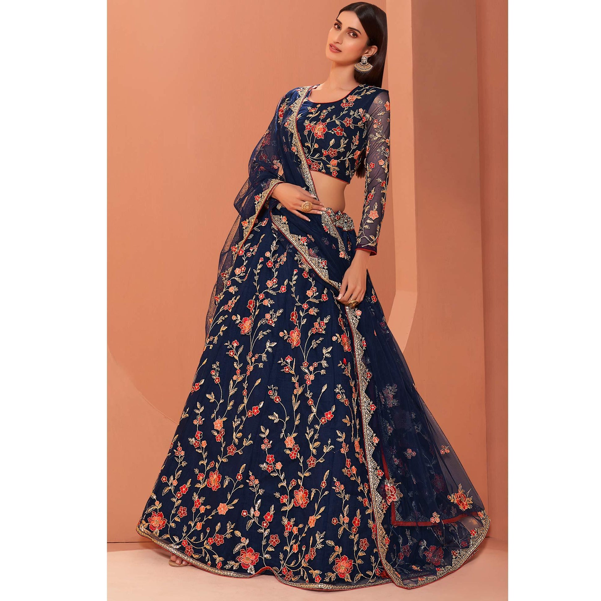 Blue Wedding Wear Floral Zari & Sequins Embroiederd Banglori Silk Lehenga Choli