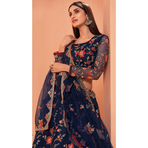 Blue Wedding Wear Floral Zari & Sequins Embroiederd Banglori Silk Lehenga Choli