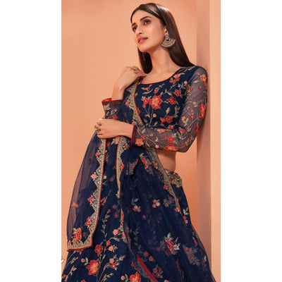 Blue Wedding Wear Floral Zari & Sequins Embroiederd Banglori Silk Lehenga Choli