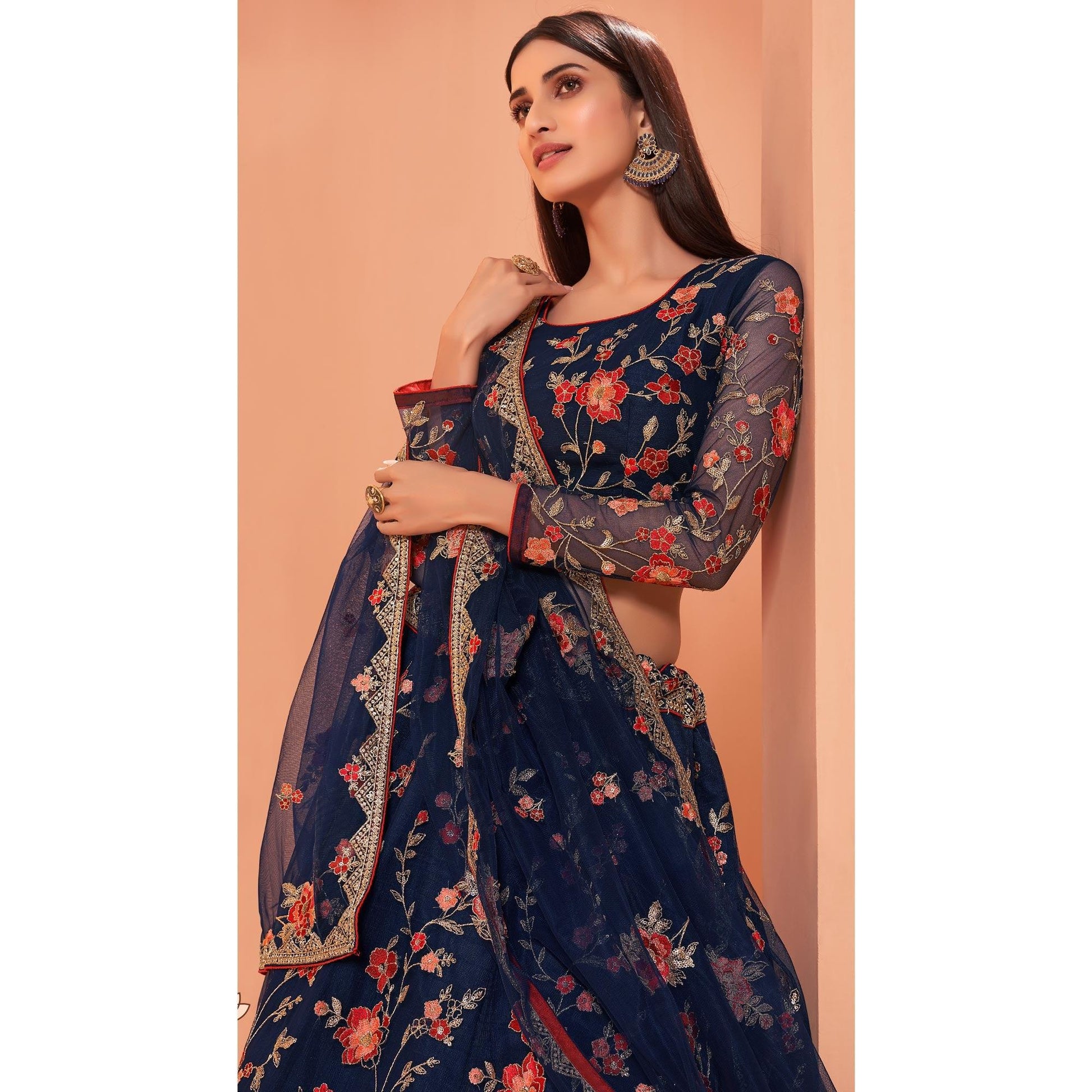 Blue Wedding Wear Floral Zari & Sequins Embroiederd Banglori Silk Lehenga Choli