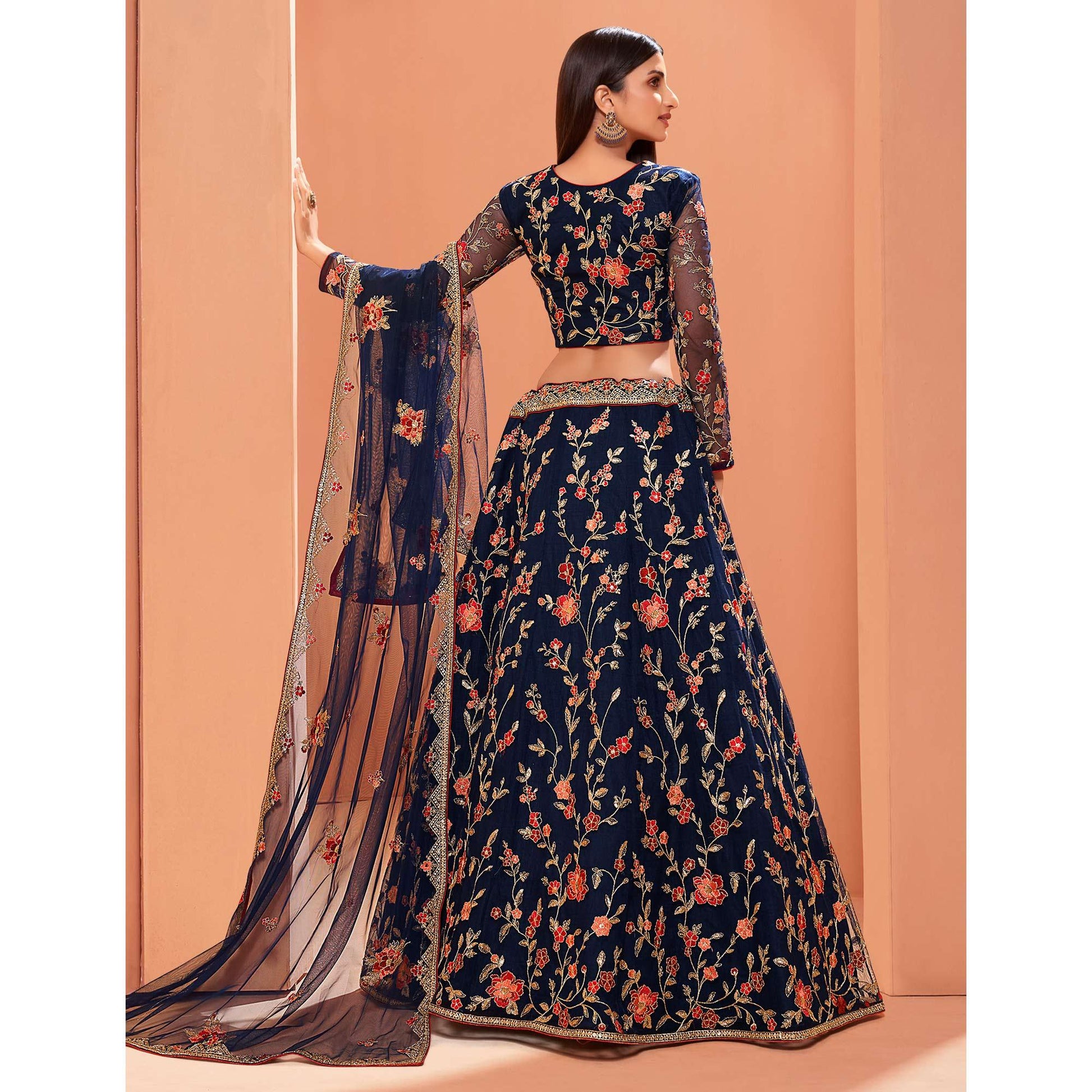 Blue Wedding Wear Floral Zari & Sequins Embroiederd Banglori Silk Lehenga Choli